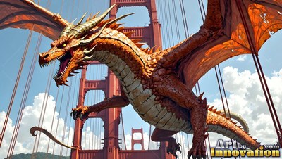 An orange dragon swoops past a red suspension bridge under bright daylight
