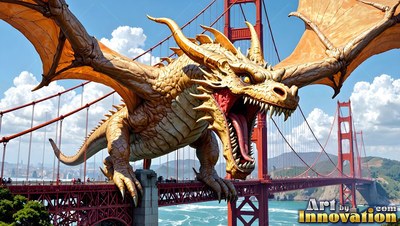 Crouched with wings spread wide, a golden dragon snarls with an open mouth on a red suspension bridge