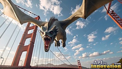 A pale dragon flies with open jaws right over a red suspension bridge under a blue sky