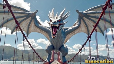 On a red suspension bridge, a white dragon opens its mouth to roar with open wings under daylight