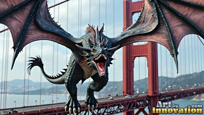 Flying with wings spread wide, a dark dragon opens its mouth to roar over a red suspension bridge