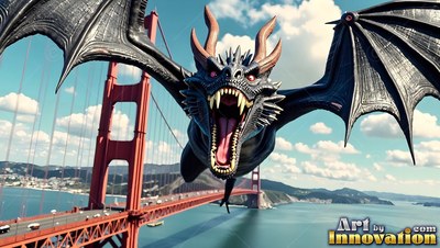 Black dragon flying with open jaws past a red suspension bridge