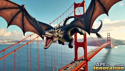 With spiky black scales, a dragon spreads wide wings over a red suspension bridge under daylight