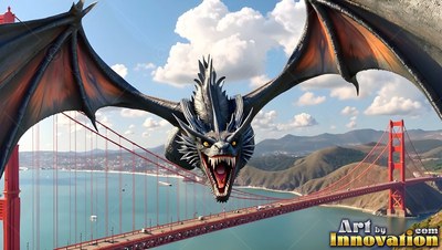 A winged dragon flies with open jaws above a red bridge in the bright daylight