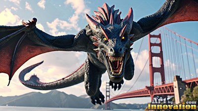 Flying straight forward, a horned black dragon roars by a red suspension bridge