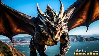 A black large-horned dragon roars with open wings above a bay in bright daylight