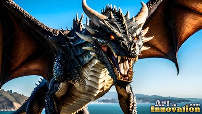 Over a sunny coastline, a black dragon with two horns gives a loud roar with open wings