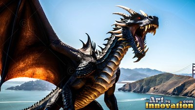 Roaring with open jaws, a black scaled dragon spreads its wings over a sunny bay