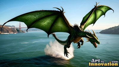 Green dragon flying over ocean water near a red bridge
