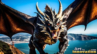 Curved horns rise from a dark scaled dragon flying over a sunny ocean bay