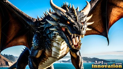 A black horned dragon roars with wings spread wide in bright coastal sunlight