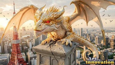 Perched on a stone tower over a city, a cream dragon spreads its wings