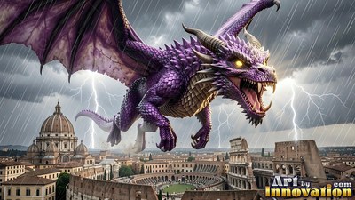 A purple dragon flies over a stormy Rome as lightning flashes