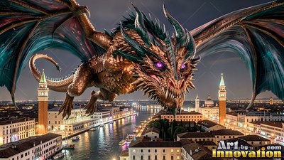 Above a canal city at night, a winged dragon flies with purple eyes
