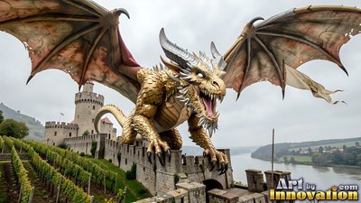 Perched on stone castle walls, a golden dragon spreads its wide wings and roars