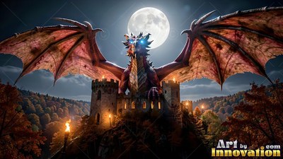 Red dragon spreads its wings behind a stone castle under a full moon