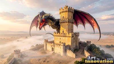 Black scales cover a horned dragon perched behind a sunlit stone castle tower