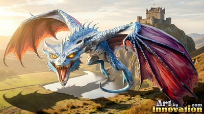 A blue-scaled dragon glides across a green valley under bright morning sunlight