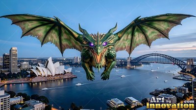 Wings spread wide over Sydney Harbor, a green dragon glides forward