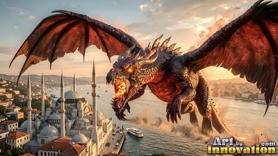 A dark red dragon flies over a coastal city with mosques at sunset