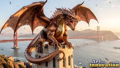 Above a coastal bay, a copper dragon perches on a stone tower with wings spread wide