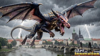 Flying through stormy rain, a black and gold dragon snarls with an open mouth over a city bridge