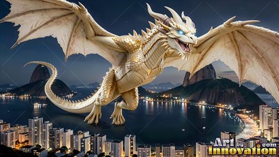 A pale winged dragon flying over a city bay at night
