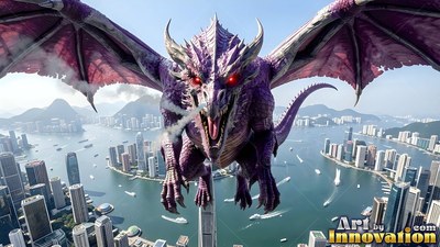 Curved horns rise from a purple dragon flying above a sunny harbor lined with skyscrapers