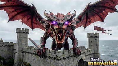 A red-winged dragon gives a loud roar from a stone castle wall with bright purple eyes