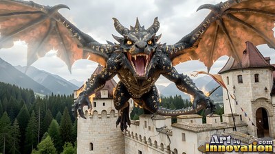Wings spread wide, a black dragon flies down toward a stone castle