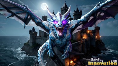 A bright blue dragon soars through the air forward with open wings above an island castle under a moon