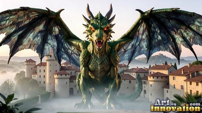 In a white castle courtyard, a green dragon gives a loud roar with wings spread wide