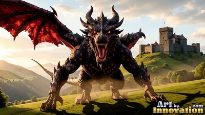 Roaring on a grassy hill, a black dragon spreads red wings near a stone castle