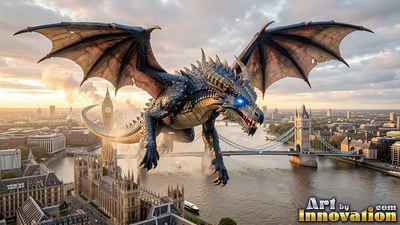 Dark dragon with blue eyes flying over London bridges