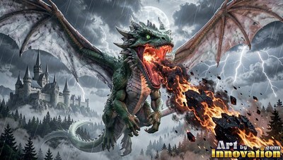 Spiky green scales cover a winged dragon breathing fire above a dark castle in a thunderstorm