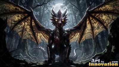 A dragon with horns spreads wide wings in a forest at night beneath pale moonlight