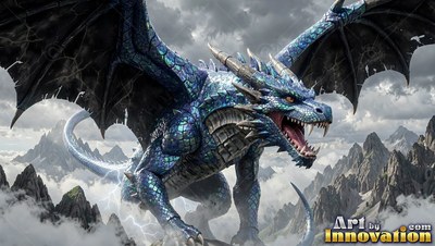Perched blue dragon opens its mouth to roar with open wings above jagged mountain peaks