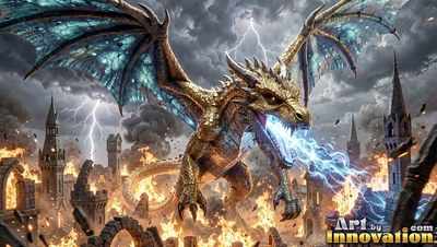 A golden dragon shoots blue lightning over a burning stone city
