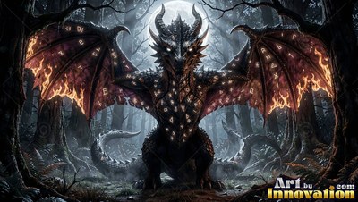 In a dark woods, a horned dragon spreads wide wings under the moon