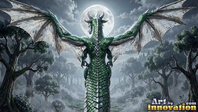 Spreading wide wings, a green scaled dragon faces a full moon above misty woods
