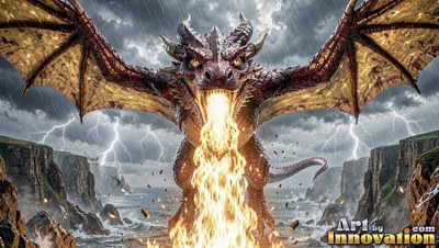 A dragon breathing fire between cliffs in a lightning storm