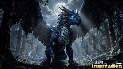 Bright blue eyes shine on a winged dragon resting in a forest at night under a full moon