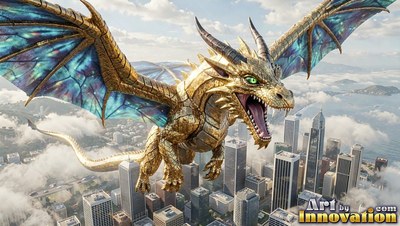 A golden dragon opens its mouth to roar over a modern city with bright blue stained-glass wings