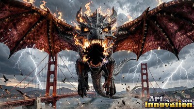 Spreading its wings, a fiery dragon flies above a suspension bridge in lightning