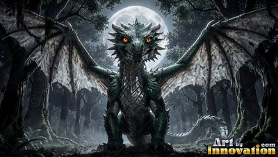 A green winged dragon sits in a deep dark woods under a full moon
