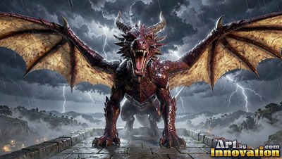 On a stone bridge in the rain, a horned red dragon opens its mouth to roar with open wings