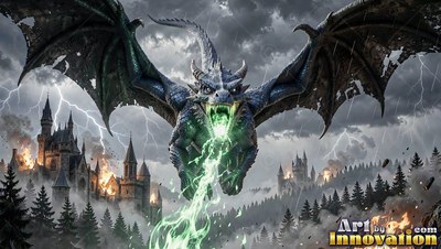 Spitting green fire, a dark large-horned dragon flies over burning castles in a storm