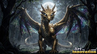 Golden dragon spreads colorful wings under a bright full moon in the dark woods
