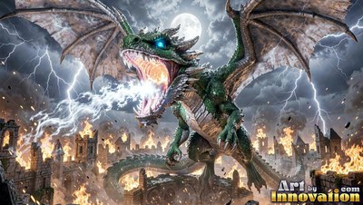 Blue eyes shine on a green dragon breathing white fire above a burning stone city under lightning