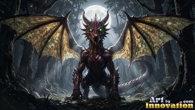 A winged dragon stands with spread wings in a dark forest beneath a pale bright round moon